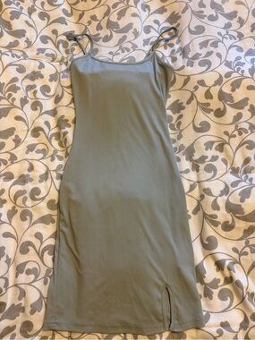 Women’s Olive Green Ribbed Slip Dress with Side Slit